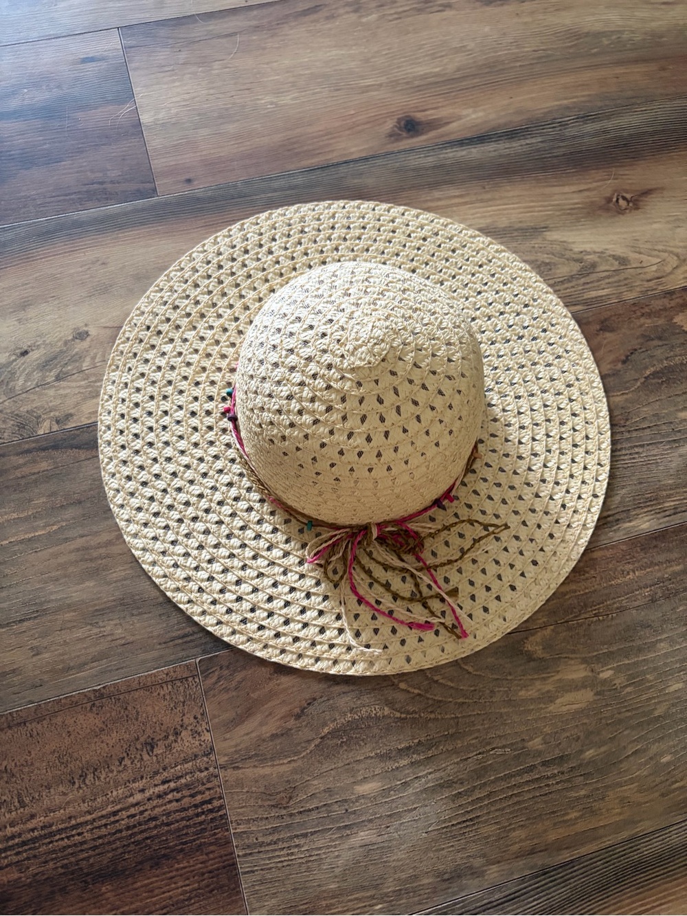 Woven Straw Sun Hat with Pink-Tan Tassel Band